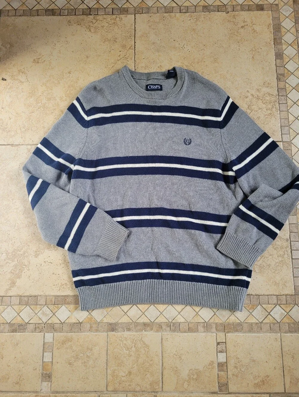 Chaps Men's Gray, Navy & White Striped Crewneck Sweater